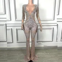 Luxury Rhinestones Chain Sheath Jumpsuit Women Evening Party Performance Costume Nightclub Singer Dancer Photoshoot Stage Wear