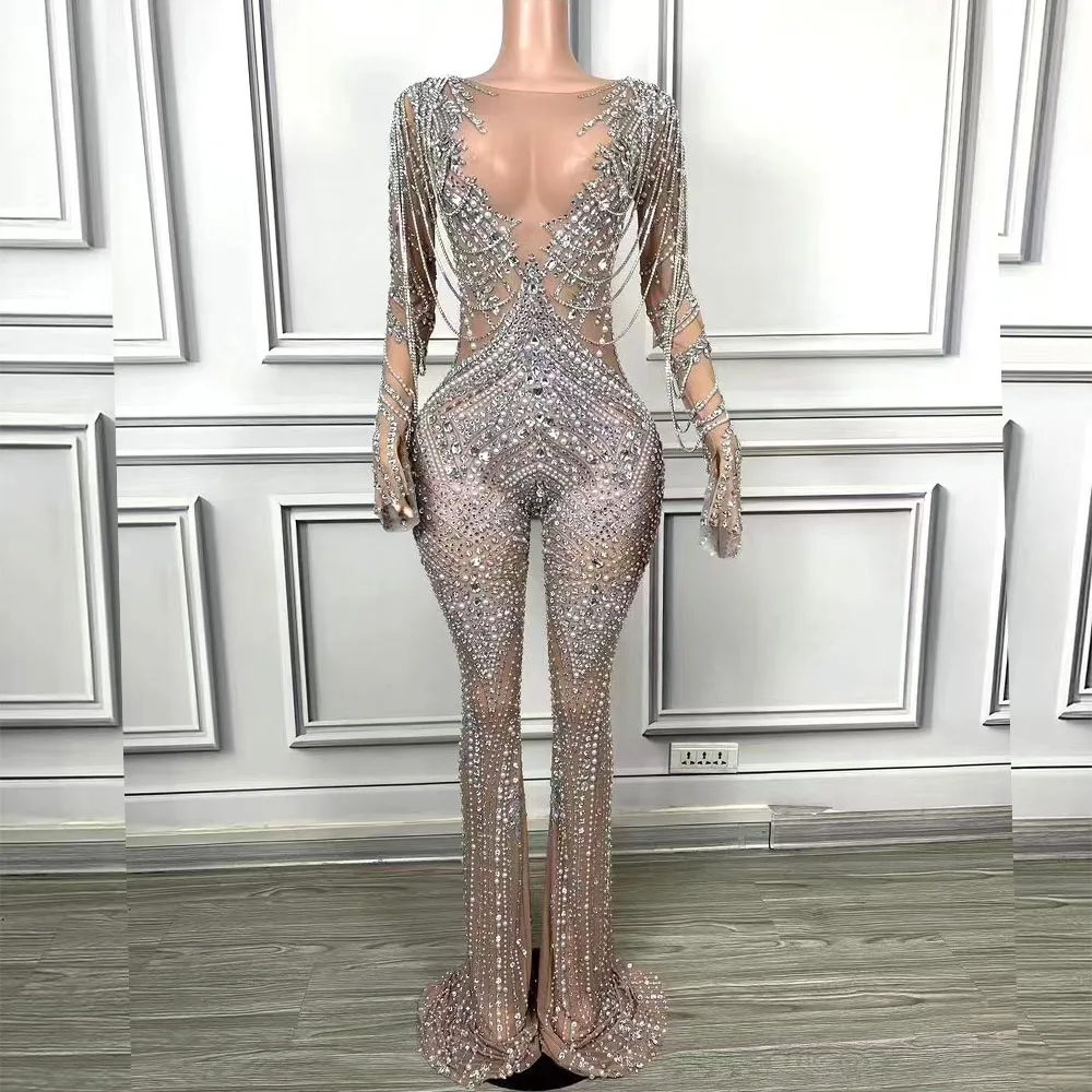 Luxury Rhinestones Chain Sheath Jumpsuit Women Evening Party Performance Costume Nightclub Singer Dancer Photoshoot Stage Wear