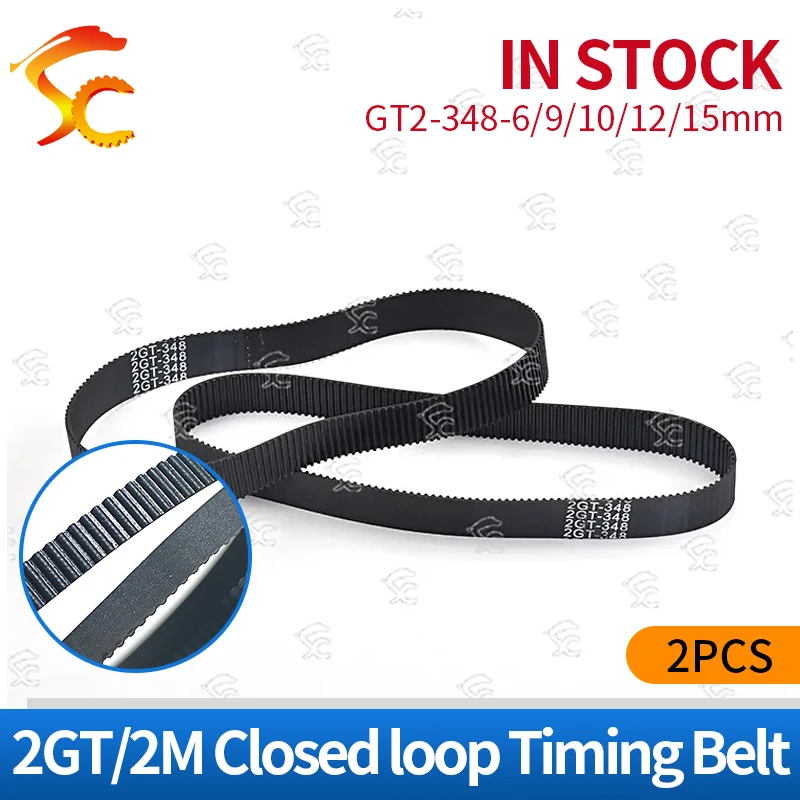 

2pcs GT2 348 closed loop rubber 2GT timing belt 348-GT2 Length 348mm Teeth 174 width 6mm/9mm/10mm/12mm/15mm for 3D printer