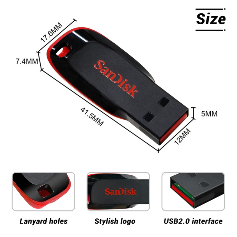 SanDisk Cruzer Blade USB-Flash-Laufwerk USB2.0-Stick Hochleistungs-16 GB 32 GB 64 GB 128 GB Memory-Stick für Computer-PC