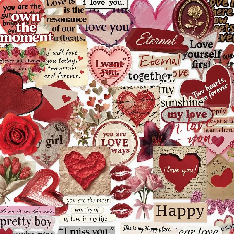50pcs Valentine's Day Vintage Love Heart Rose Stickers Romantic Scrapbook Stickers for Journal DIY Craft Phone Laptop Decoration