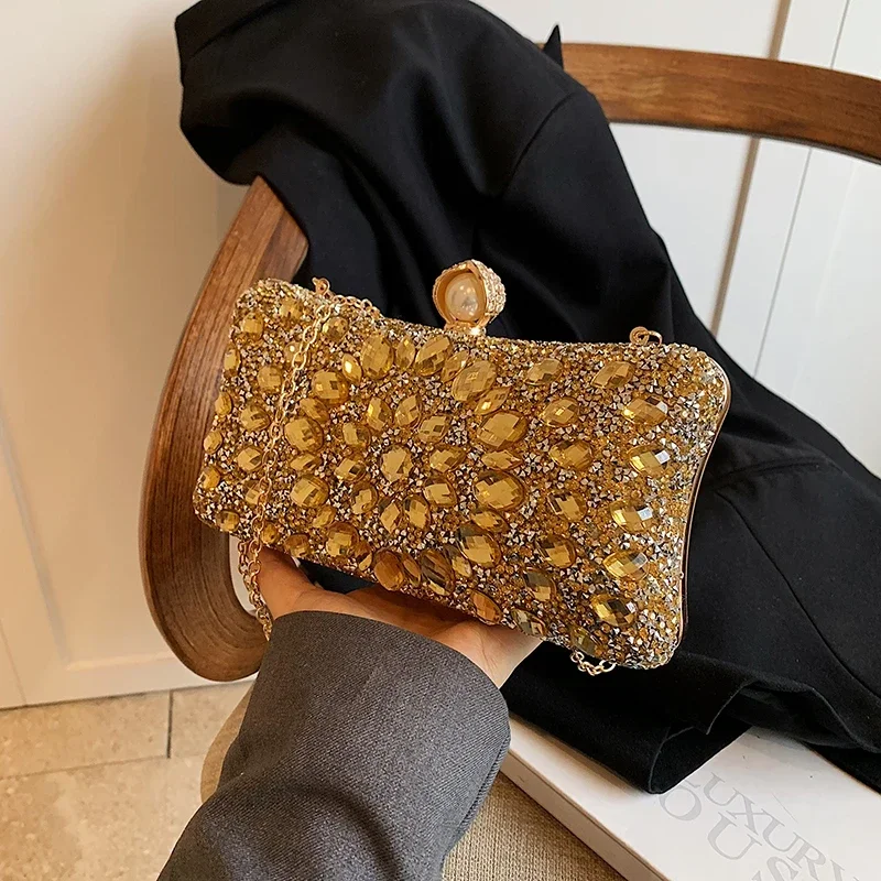 Colorful Rhinestone Studded Dinner Bag 2024 New Fashionable Dress Evening Bag Chain Square Box Shaped Hand-held Bag for Women