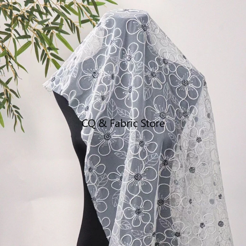Elegant 3D Beaded Plum Blossom Embroidered Mesh Lace Fabric For Women Clothing Fairy Dress Skirt Designer Fabric By The Yard