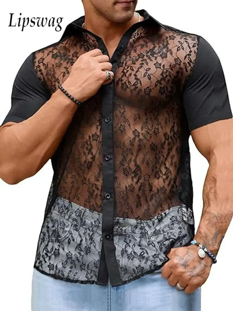 Stylish Floral Embroidery See Through Shirt Mens Clothes Summer Sexy Lace Mesh Blouses Shirts For Men Vintage Lapel Button Shirt