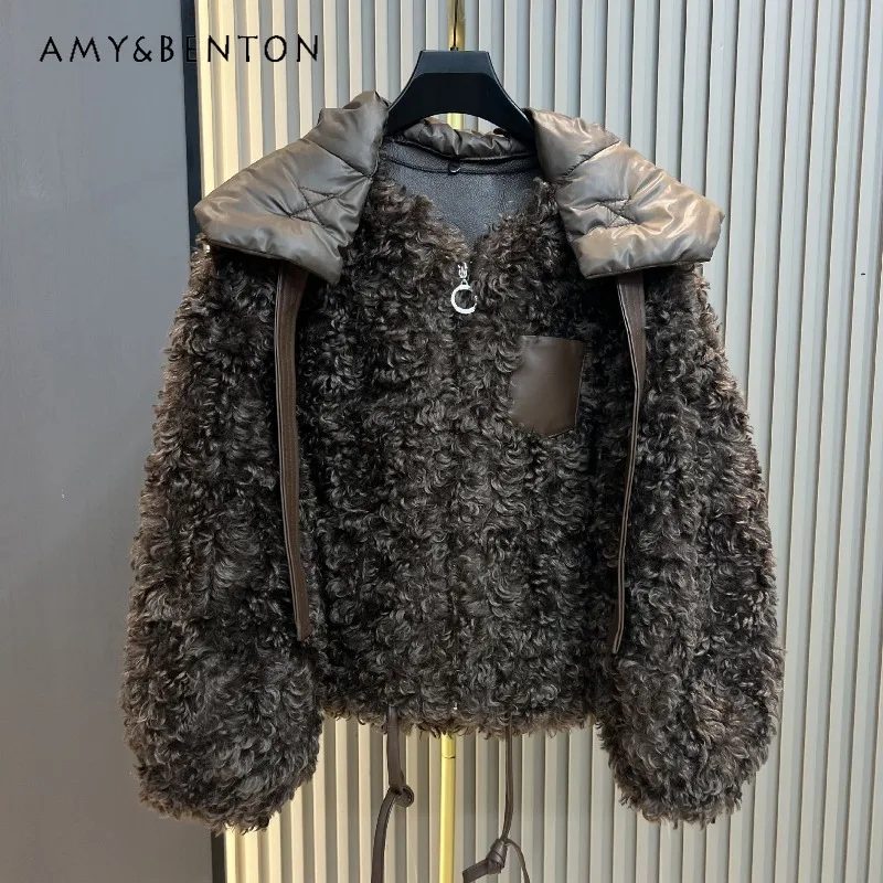 

Winter New Faux Fur Lamb Wool Curly Jacket Korean Style Loose Detachable Hat Thickened Warm Elegant Furry Coat For Women Clothes