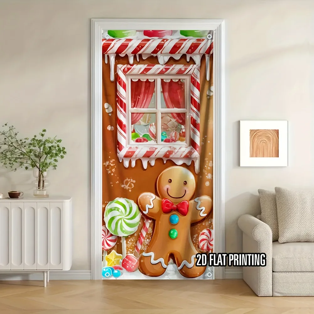 1Pcs Merry Christmas Banner, Gingerbread House Flag, Candy-Themed Christmas Decoration, Suitable for Home Entrance Decoration