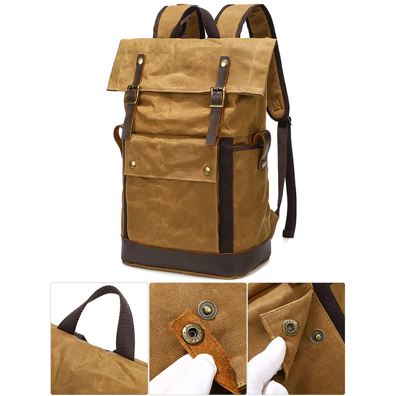 Rozkładany plecak retro o dużej pojemności dla mężczyzn, płócienny, wodoodporny plecak podróżny na zewnątrz z brązowymi skórzanymi wykończeniami i zapięciem na klamrę.