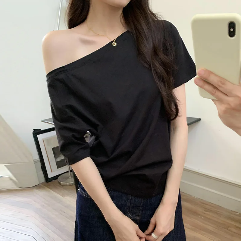 Off Shoulder T-Shirt Lace Top Womens Yellow Bright Simple Solid Color Regular Version Basic Plain Female Tee Pure Fresh Light GF