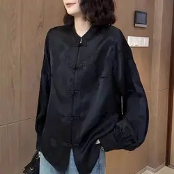 Early Spring New Chinese Style Pan Buckle Embroidery Jacquard long-sleeved Shirt women's Loose Temperament Tangsuits Top