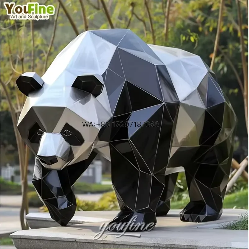 Wmwmnu Custom Stainless Steel Panda Sculpture Low Poly Mirror Polished Modern Art Statue for Hotel Park Plaza Outdoor Garden