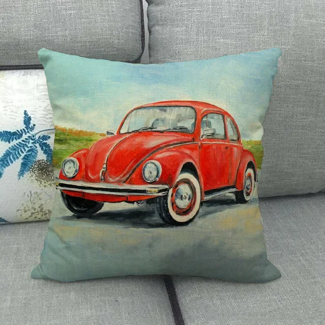 45cm * 45cm Unique Watercolor Car Beetle Design Linen / Cotton Pillowcase for Home Bedroom Hotel Car Decoration Pillowcase