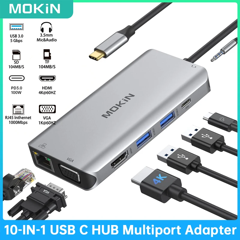 MOKiN 10 in 1 USB C Hub Multiport Adapter HDMI Ethernet VGA 100W PD USB 3.0 USB C Docking Station for MacBookPro/Dell/Hp/Lenovo