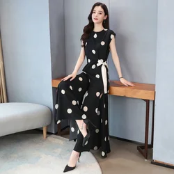 Women's Fashion Chiffon Sport Suit 2025 Summer New Polka Dot Wide Leg Pants Crop Tops Two Piece Set For Women Plus Size Clothing