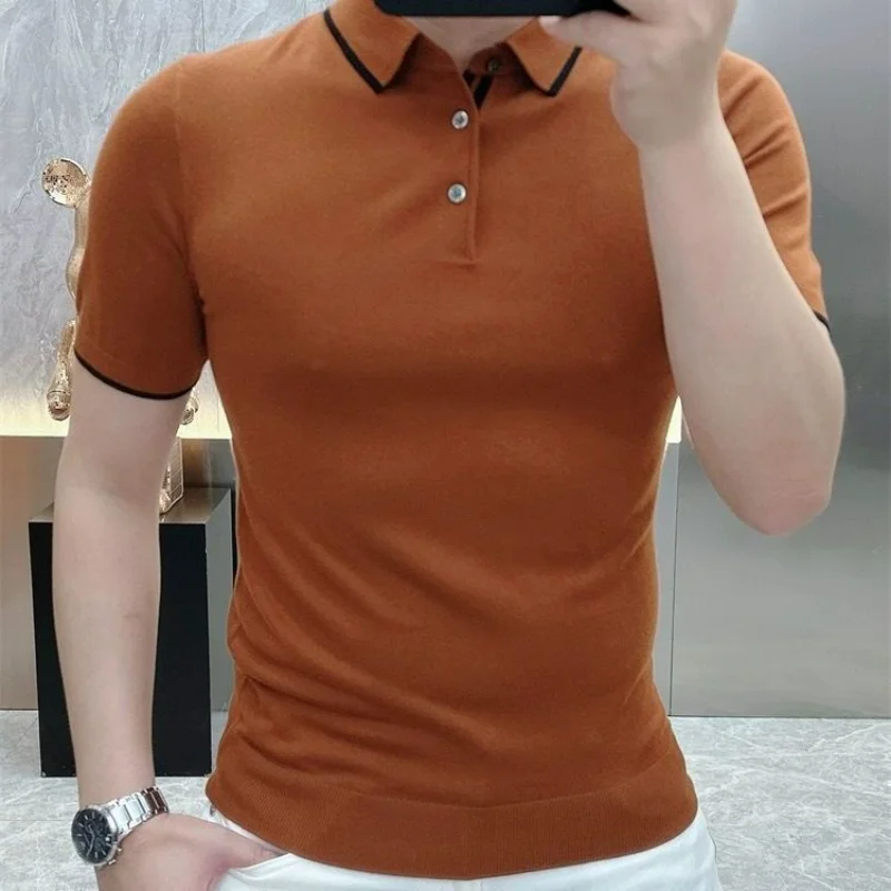 Summer New High Quality Simple Lapel Knitted Polo Shirt Men Button Casual Fashion Summer Versatile Breathable Short Sleeve Tops