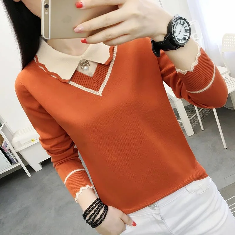 Women Autumn Winter Knitted Pullover Sweaters Lady Casual Long Sleeve Peter Pan Collar Pullover Tops WY1023