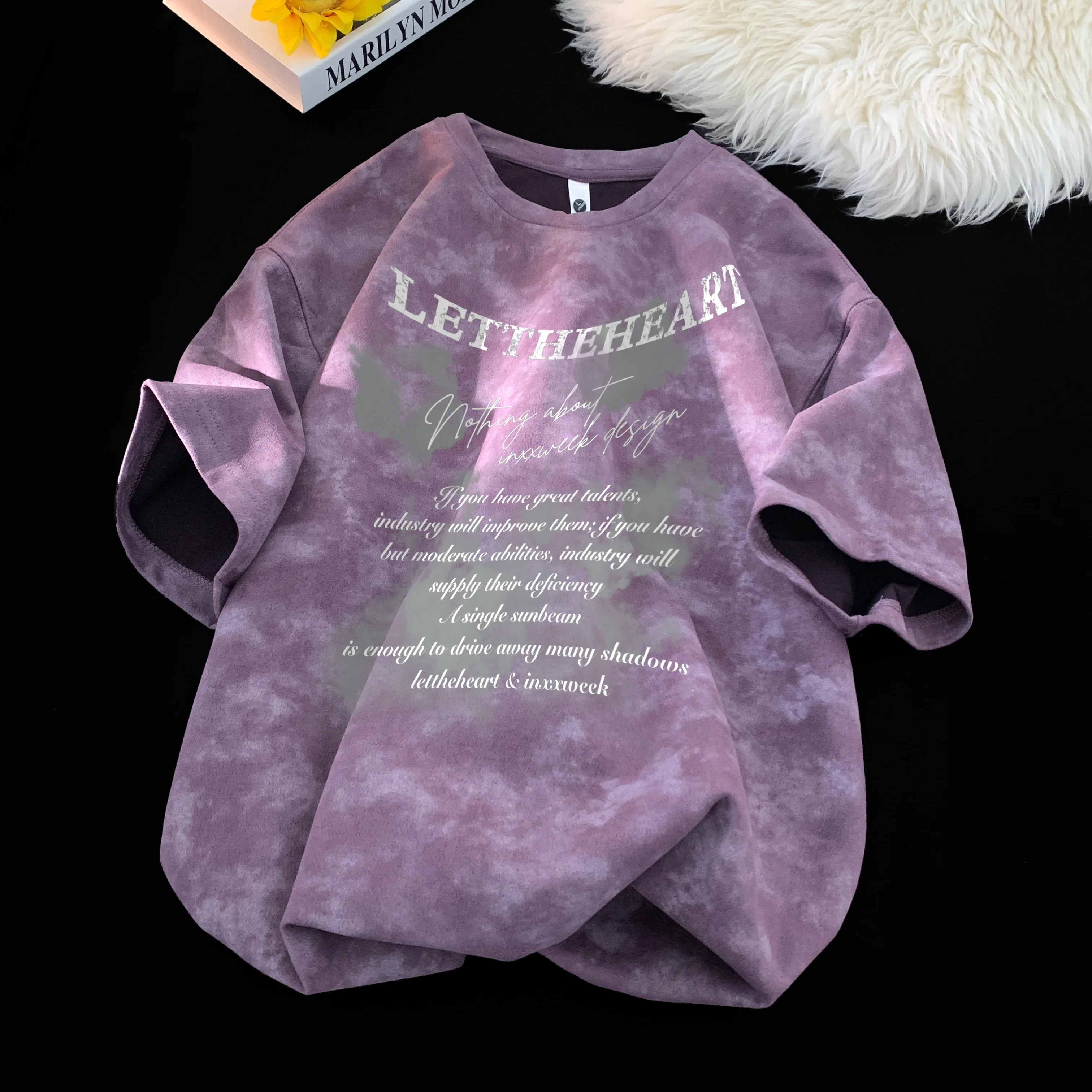 Summer New American Style Tie-Dye Short Sleeve Men's White Black T-Shirt High Street Loose Half Sleeve Casual Gray Purple Top