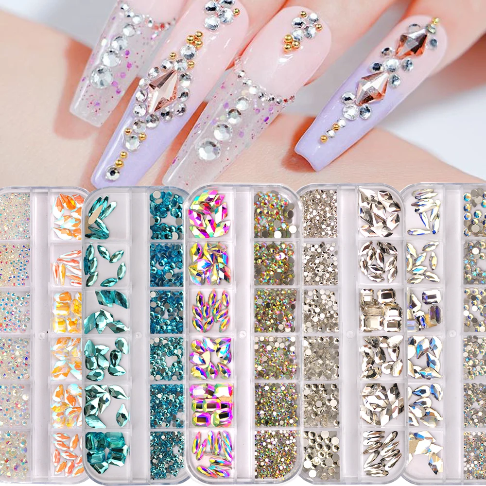 

12 Girds/Box Nail Charms Crystal Diamonds Colorful Gems Flatback 3D Glitter Nail Art Rhinestones For Nails Decorations