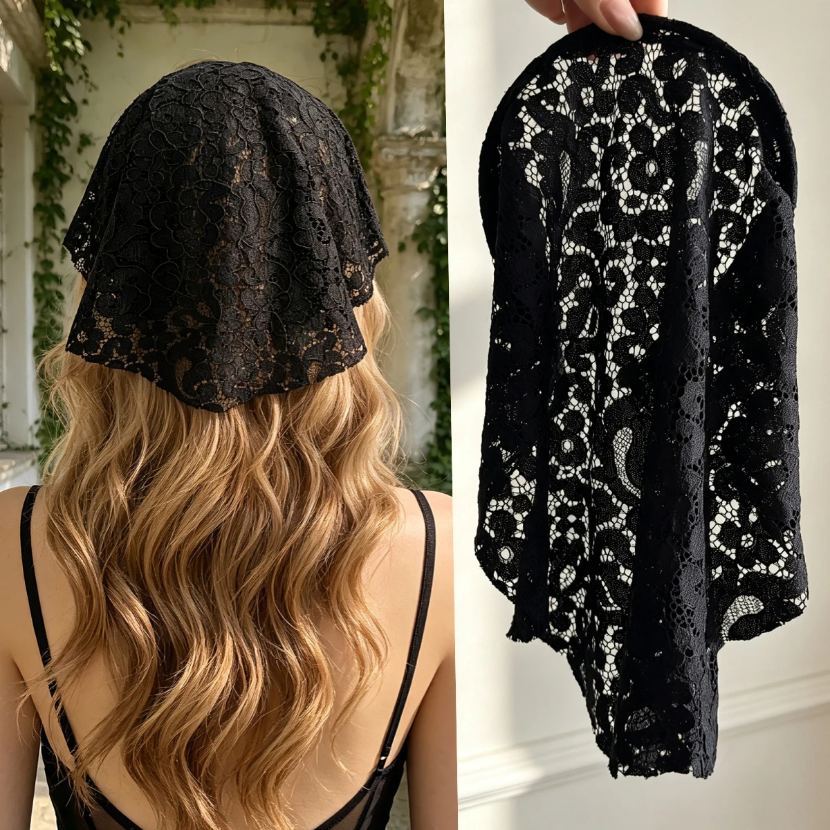 Black Lace Headband, Women's Triangle‑Scarf Style Headpiece for Dinner & Gathering, Dark‑Themed Holiday Costume Hair Accessory