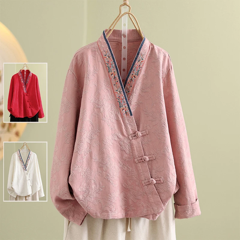 Retro Sle Oversized Women's Cotton Linen Embroidered irt Jaet Long Sve V-Ne Autumn Tea Ceremony Top Large Size