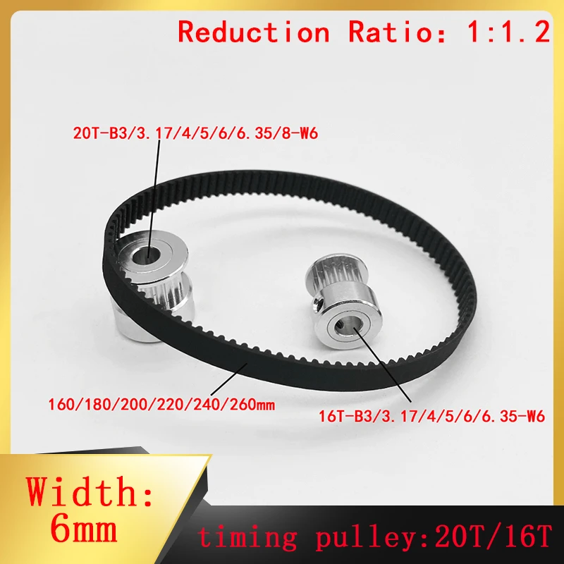 2M/2GT 20 Teeth 16 Teeth Reduction Pulley Ratio 1:1.2/1.2:1 Belt Width=6mm Aperture 3mm 8mm Synchronous Belt Parts