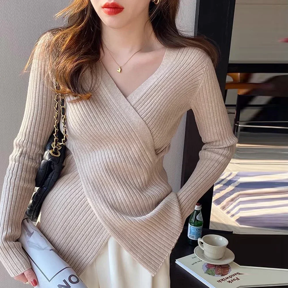 S-2XL Knitwear Sweater T Shirt Female Long Sleeve Skinny Elastic Top Women Criss-cross V-neck Knitted Shirts Pullover Sweaters