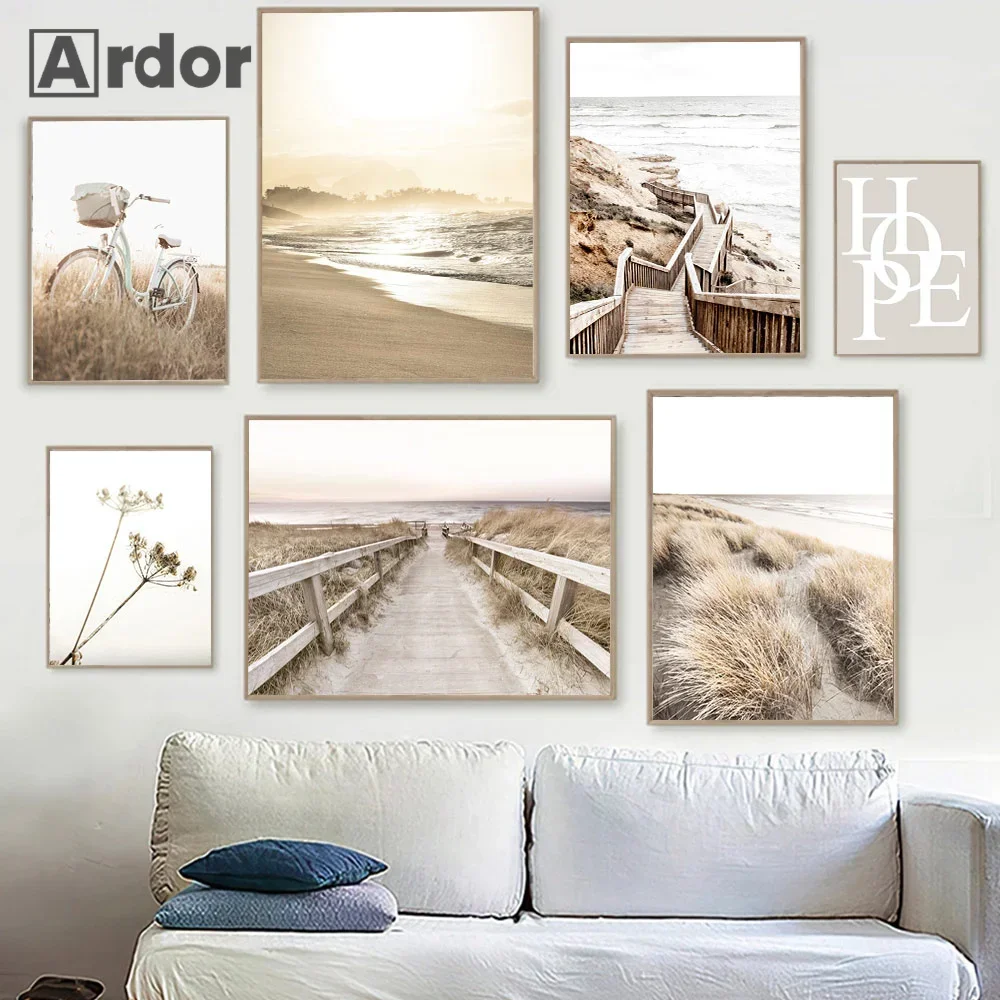 Beige Sea Landscape Canvas Print Beach Poster Wooden Bridge Hay Flower Wall Art Painting Nordic Wall Pictures Living Room Decor