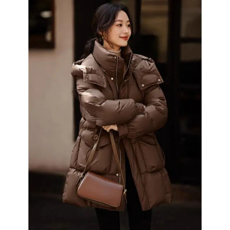 

Декоративный шнурок, белое пуховое пальто средней длины для женщин, новая зимняя модель, прямой крой