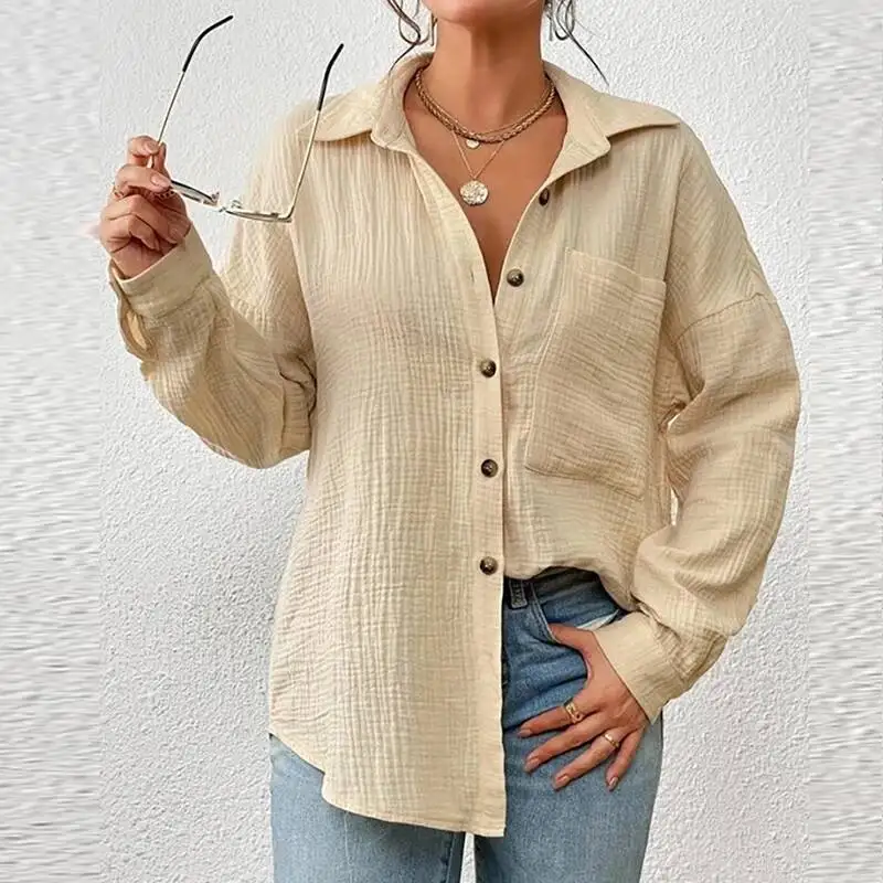 100% Katoen Gaas Mousseline Shirts Casual Turn Down Kraag Lange Mouw Top Kantoor Dame Elegante Blouses Voor Vrouwen Blusas
