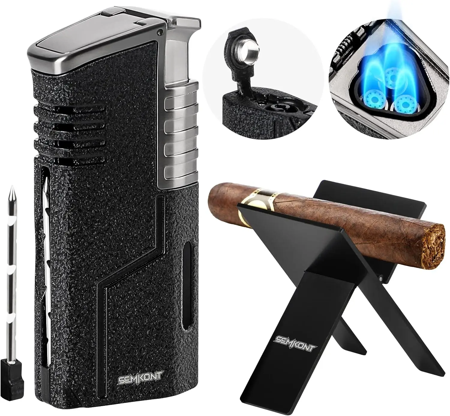 Windproof Cigar Lighter with Cigar Punch and Cigar Enhancer, Triple Flame Torch, Refillable Butane Lighter, All in 1