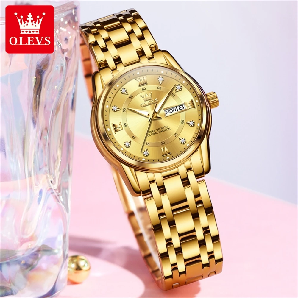 OLEVS 5513 Women's Watches Stainless Steel Strap Auto Date Week Luminous Waterproof Elegnat Luxury Original Quartz Wristwatches