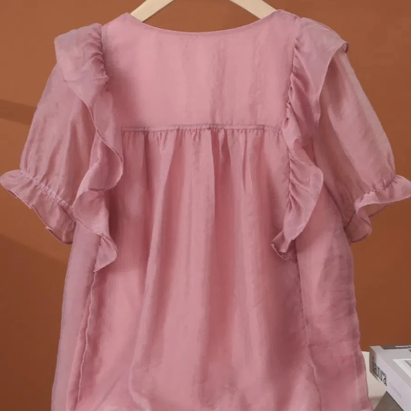 Chemisiers en mousseline de soie pour femmes, chemise à volants, col carré, dentelle épissée, fleurs, manches courtes, document solide, mode douce et mignonne, été