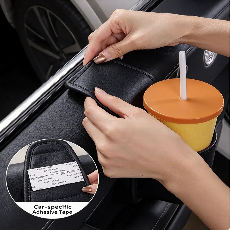 Multifunctional PU Car Door Cup Holder Adhesive Storage Pocket Auto Door Mount for Drink Bottles Phones Sundries