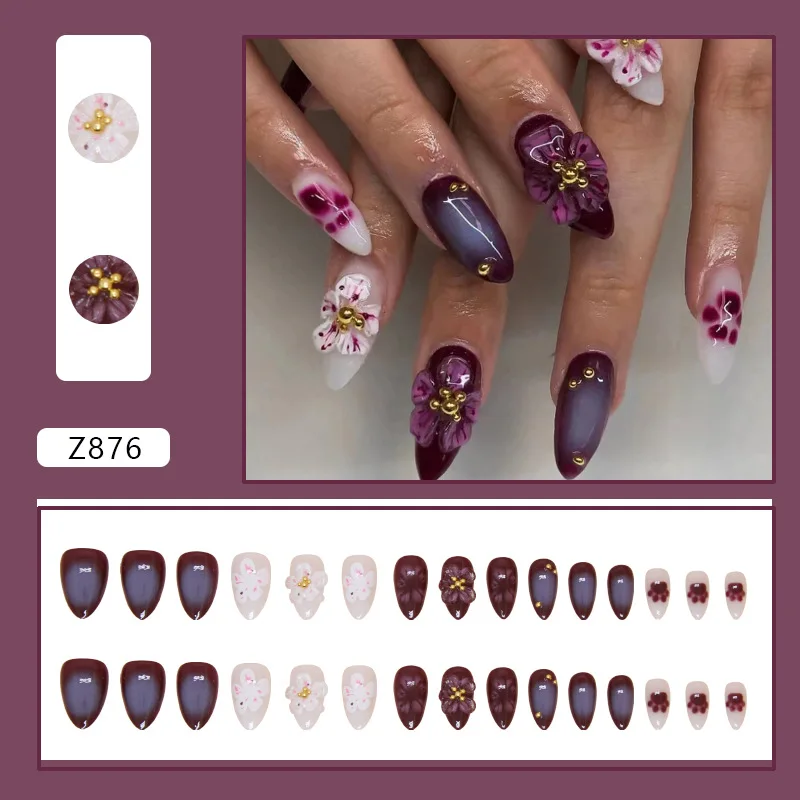 Faux ongles à presser en forme de fleur de pêche pour femme et fille, griffes de chat, or maculé, faux ongles granulaires, nail art, portable, perfecemballages, N64.3D, 24 pièces