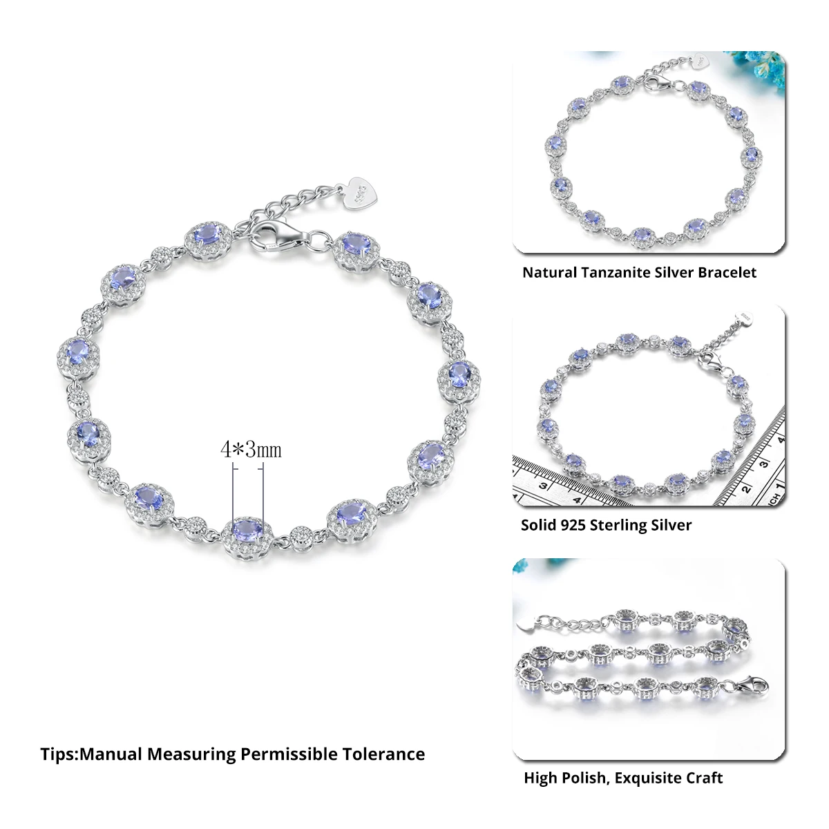 Natural Genuine Tanzanite Solid Sterling Silver Bracelets 2 Carats Rhodium Plated Fine Jewelry S925 Classic Style New Year Gifts