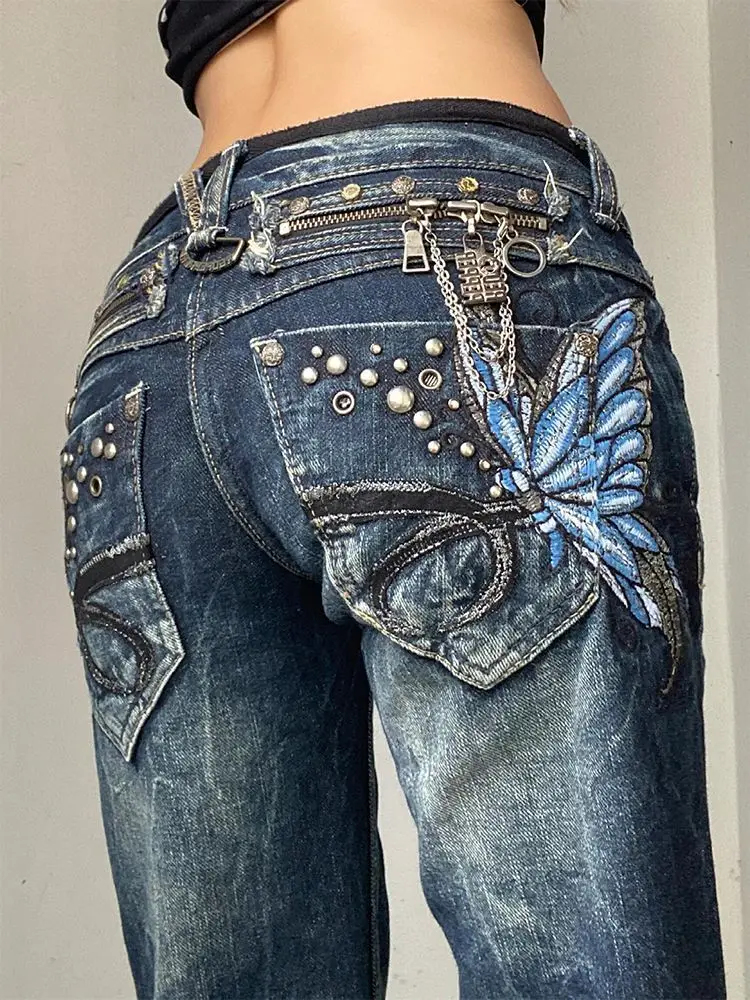 Women Y2K Flare Jeans Blue Butterfly Embroidery Studded Rivet Zipper Chain Decor Distressed Denim Pants Vintage Streetwear