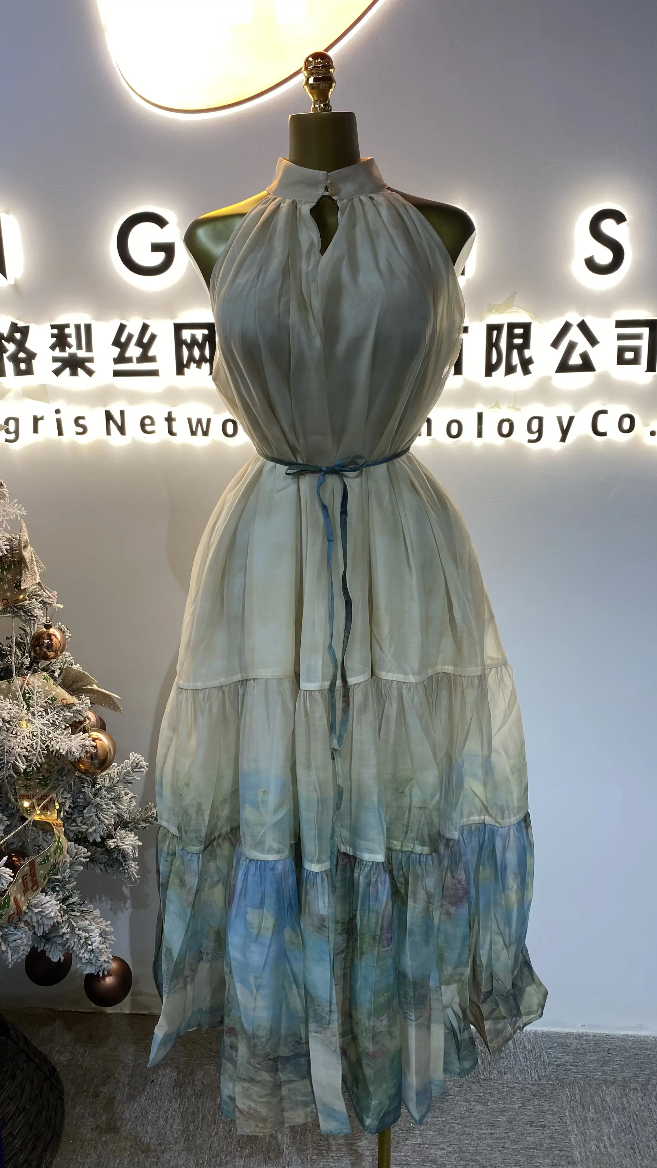 

2025 Summer New Chinese Printed Dress Backless Long Dress Holiday Big Hem Dress-GZMM375