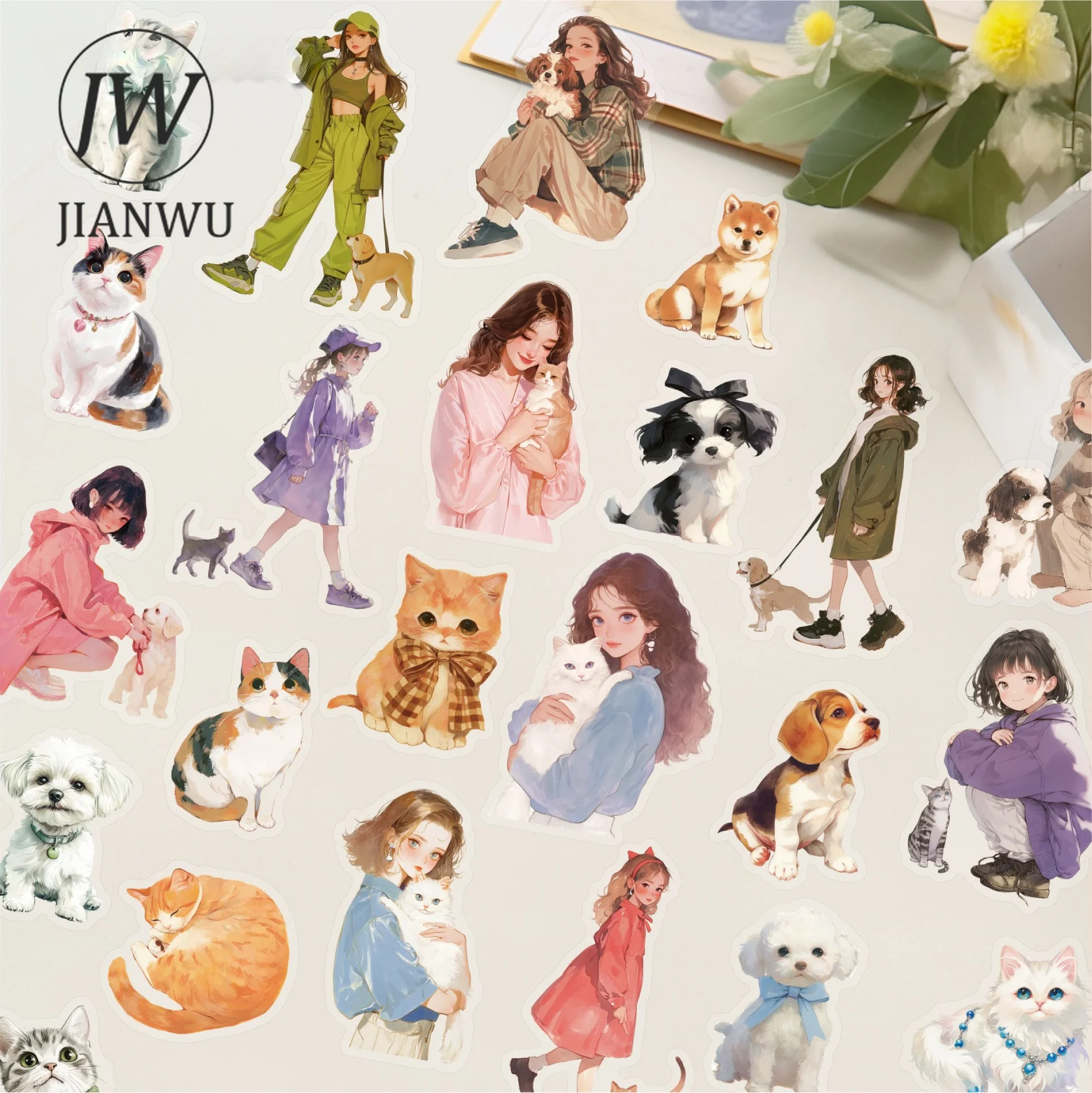JIANWU Vintage Character Pet Cat and Dog Landscape Material Collage Scrapbooking PET Sticker Creative DIY Journal Stationery view 2