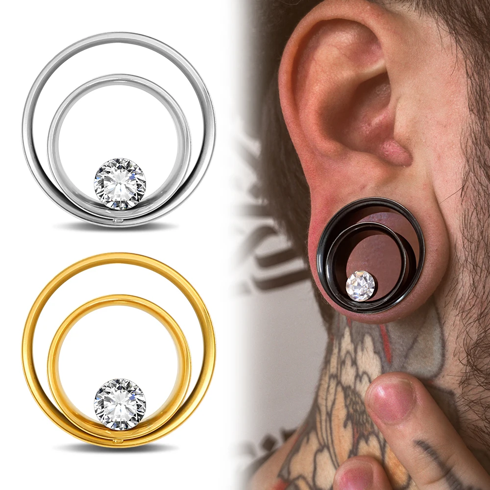 Giga 2PCS Rhinestone Double Flared Ear Expander Gauges Stainless Steel Earlobe Plugs Stretcher Earrings Body Piercing Jewelry