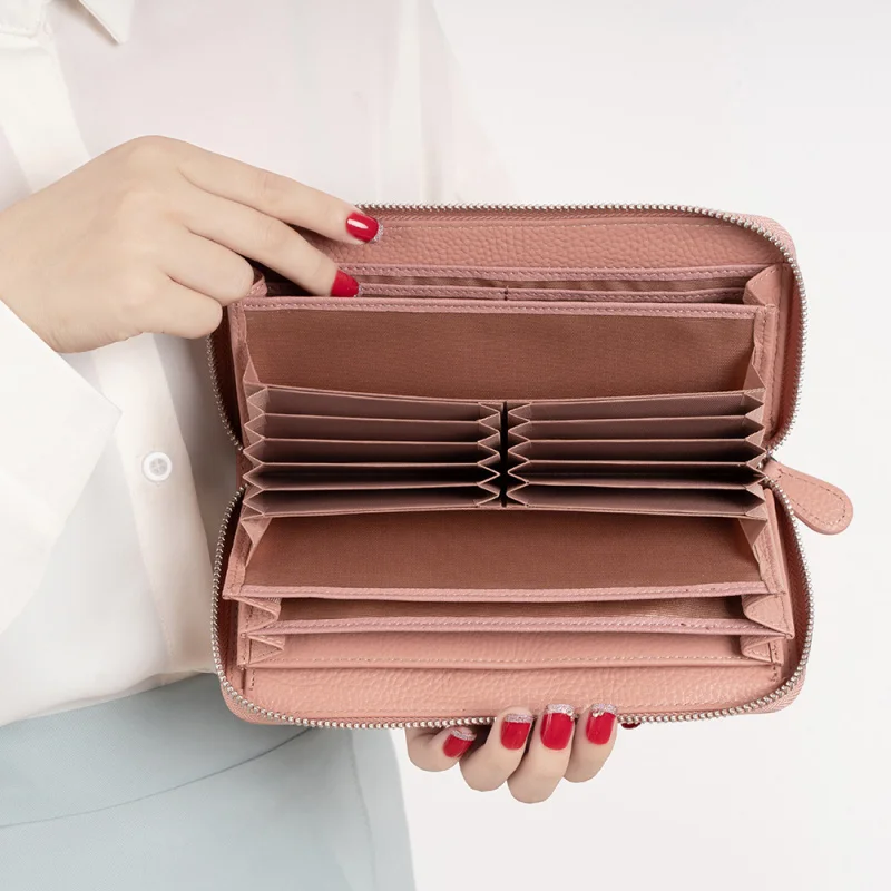 Western RFID Blocking Long Leather Women Wallet Multiple Card Slots Large Capacity Zipper Purse for Ladies