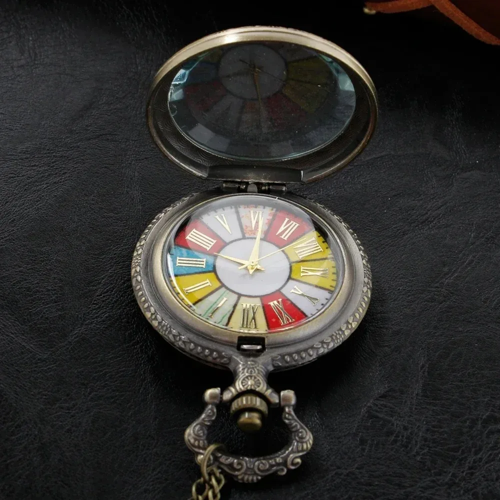 絶妙なカラフルなストライプスケールクォーツ懐中時計スチームパンク懐中時計男性と女性のネックレスペンダントチェーンギフト付き