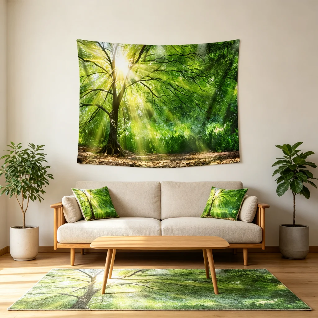 1PC Forest Sunlight Tree Beam View Print Backdrop Banner, Bedroom Living Room Photo Background, Polyester, Home Decor, Wall Art