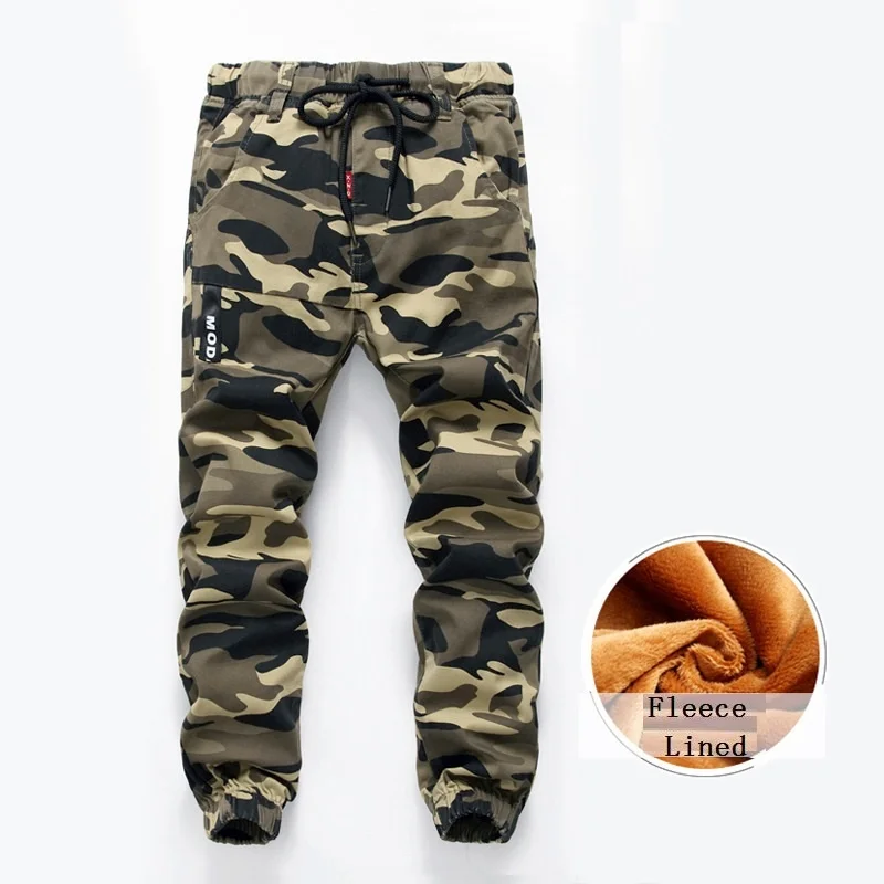 Camouflage Winter Kids Unisex School Jogging Pants Drawstring Elastic Waist Fleece Lined Girls Boys Outdoor Trousers 110-165cm