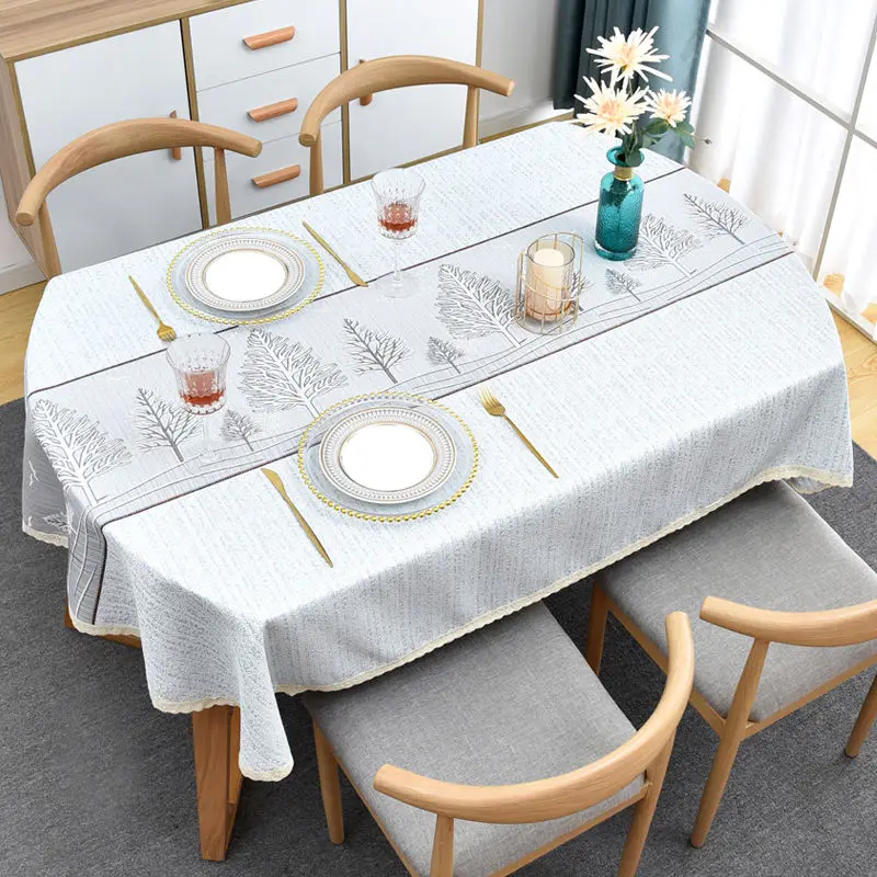 Tablecloth Oval 185cm Tree Embroidered Farmhouse Linen with Lace Ellipse Table Cloth Classic Dinning Table Cover Cloth Elegant