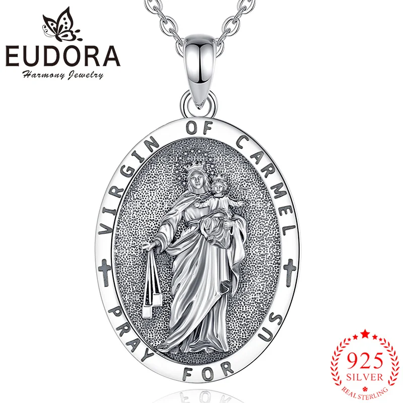 

Eudora 925 Sterling Silver Virgin Carmel Necklace Amulet Medal Catholic Pendant Protection Jewelry Religion Gift for Woman Men