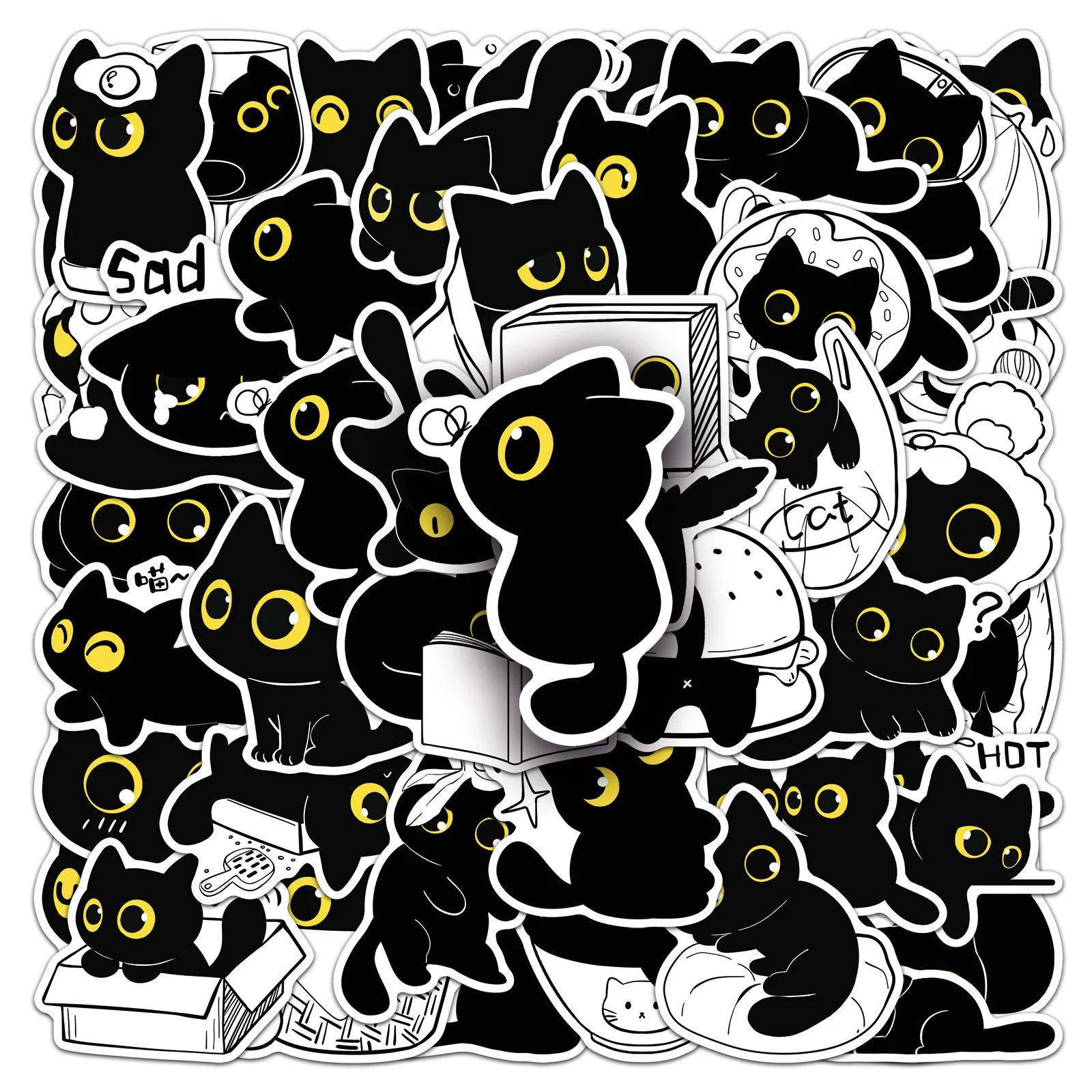 

10/50PCS Black Cat Daily Cute Cat Cartoon Cute Hand Drawn Animal Decorative Water Cup Guitar Tablet Waterproof Sticker Kids Toy