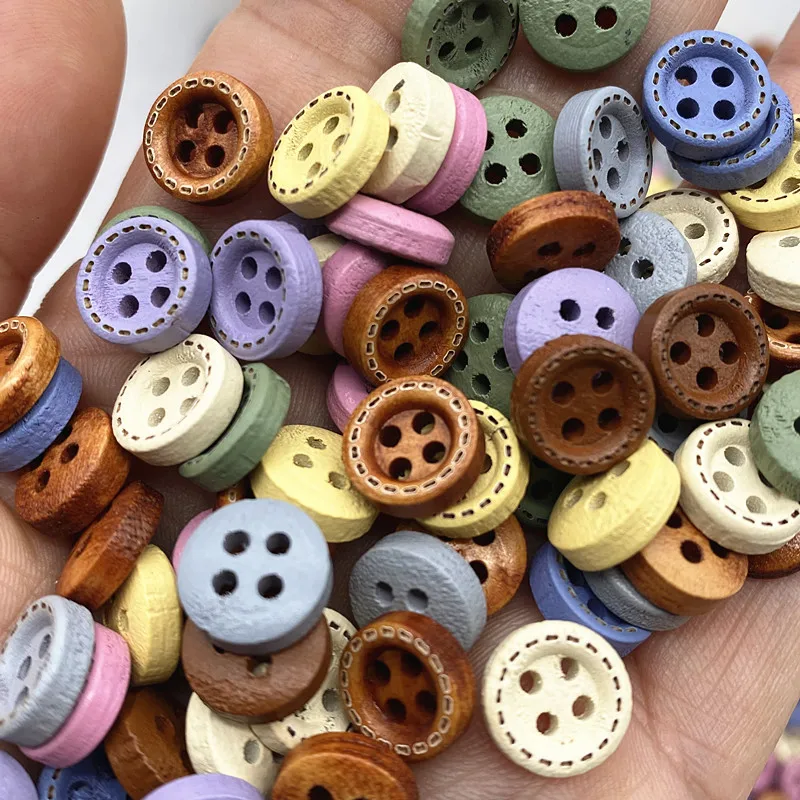 50pcs 10mm 4hole Mini Color Kids Buttons  Wood Buttons Clothing  Wedding Decoration Sewing Accessories