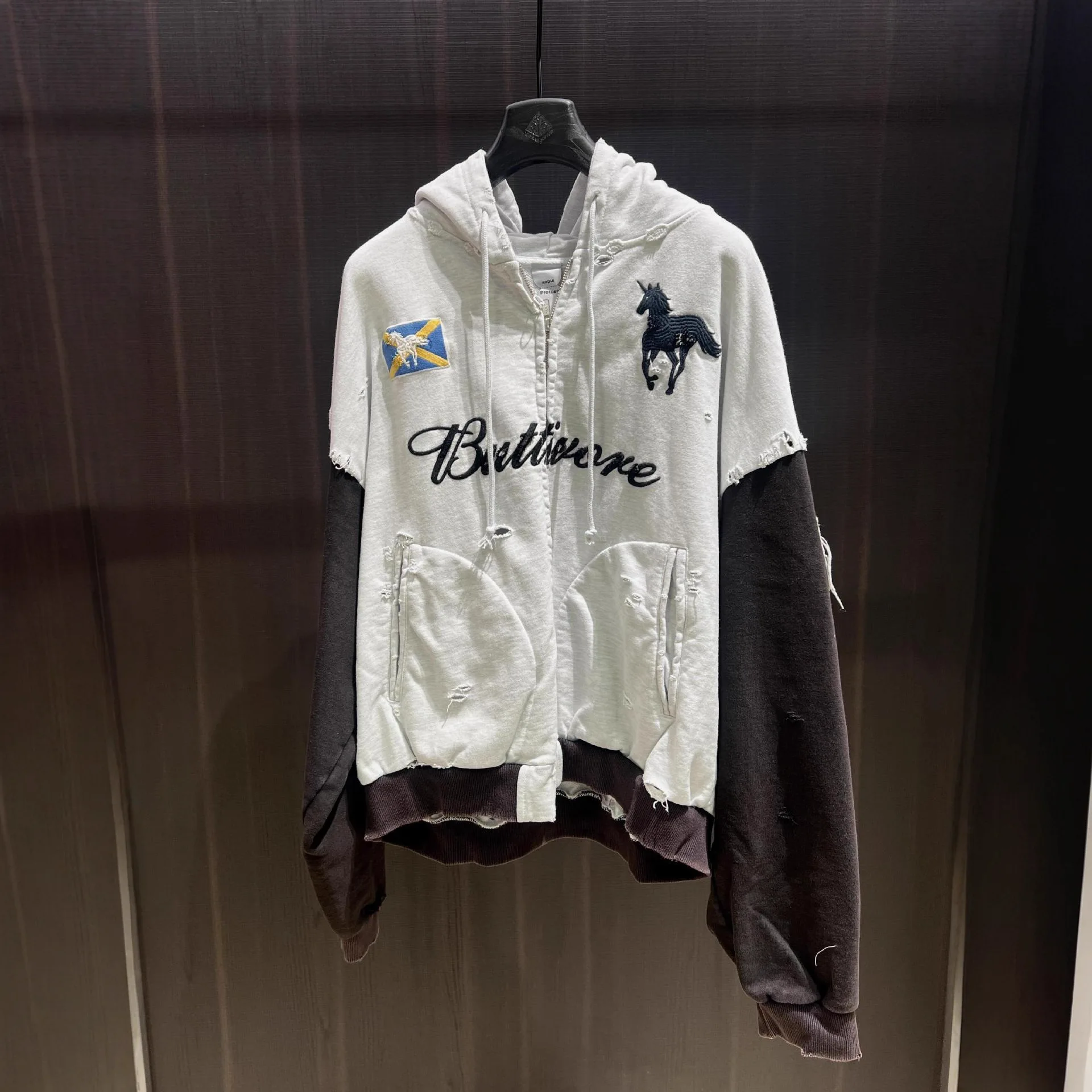 

PROJECT G/R Patchwork Splicing Damaged Hole Zip Up Cardigan Coat Men Women Unisex Cotton Oversized Logo Embroidery