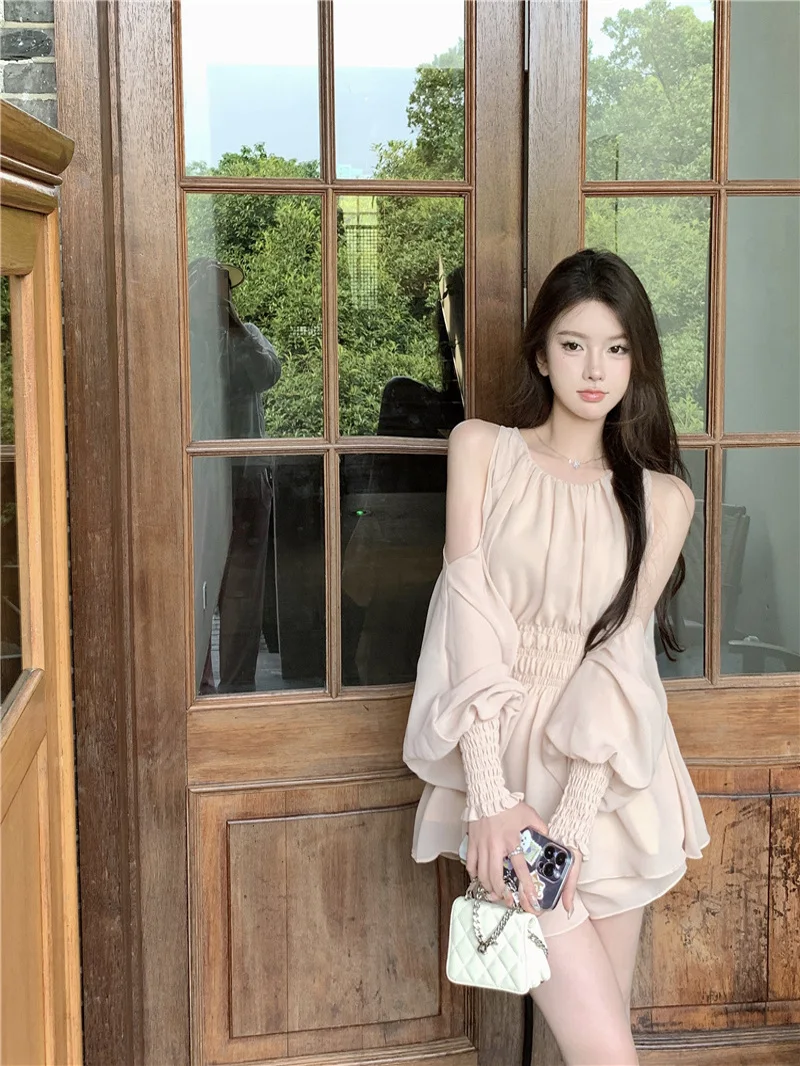 

Ele Summer Faion Set Casual Loose Bubble Sve Chiffon Top Women's orts Two-Piece Suit round Ne Long Sve