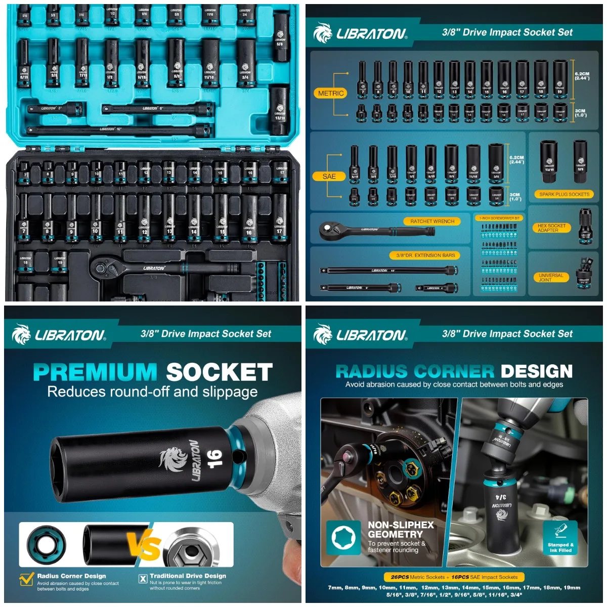 

3/8' Impact Socket Set 90PCS SAE & Metric, Cr-V, Deep/Shallow, Extensions, Ratchet, Bits, Spark Plug Sockets