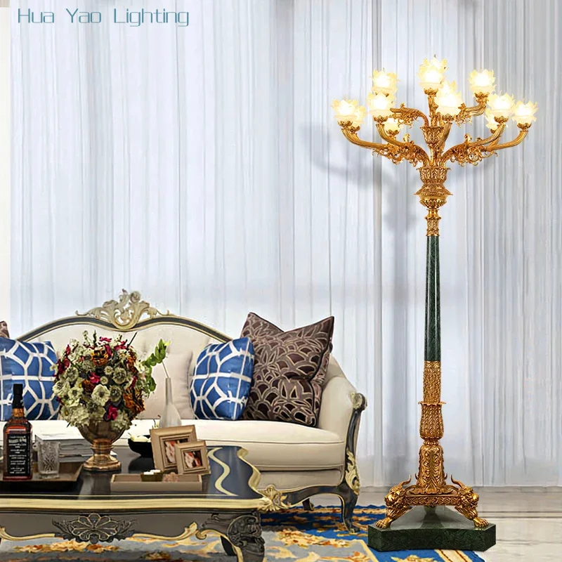 Mass Flowers Lampshade Floor Light With Golden Copper Statue Halberd Art Decorations Living Room Floor Lamps